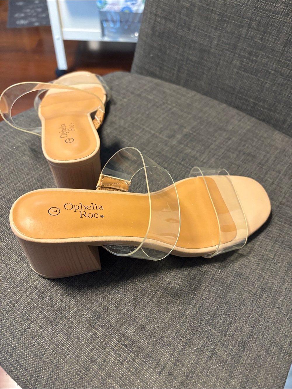 Ophelia Roe Clear Strap Tan Block Heel Mules